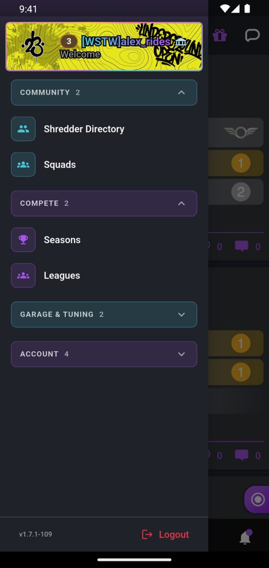 The side menu, with two sections expanded