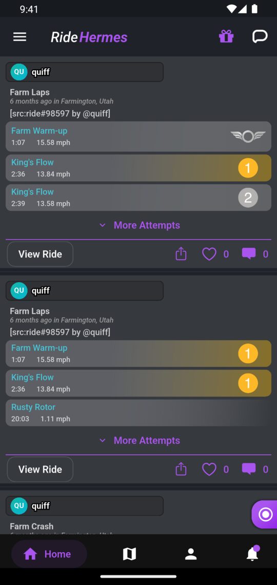 The Home tab, with rides from riders you follow