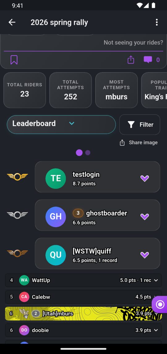 A season's leaderboard in the app