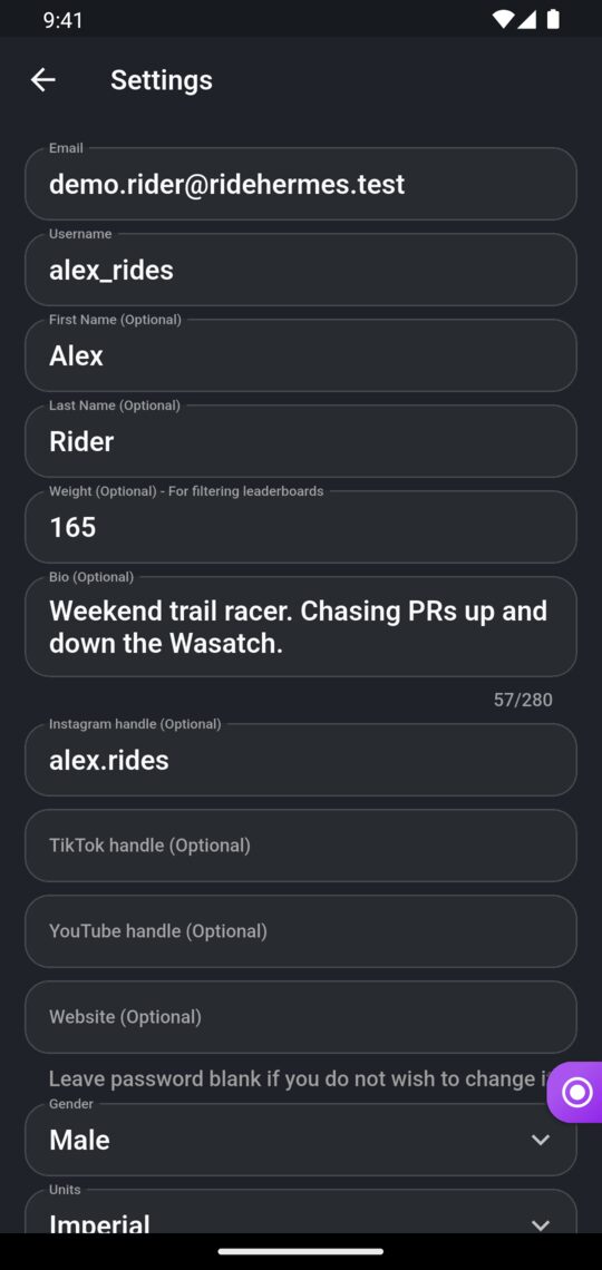 Settings in the app