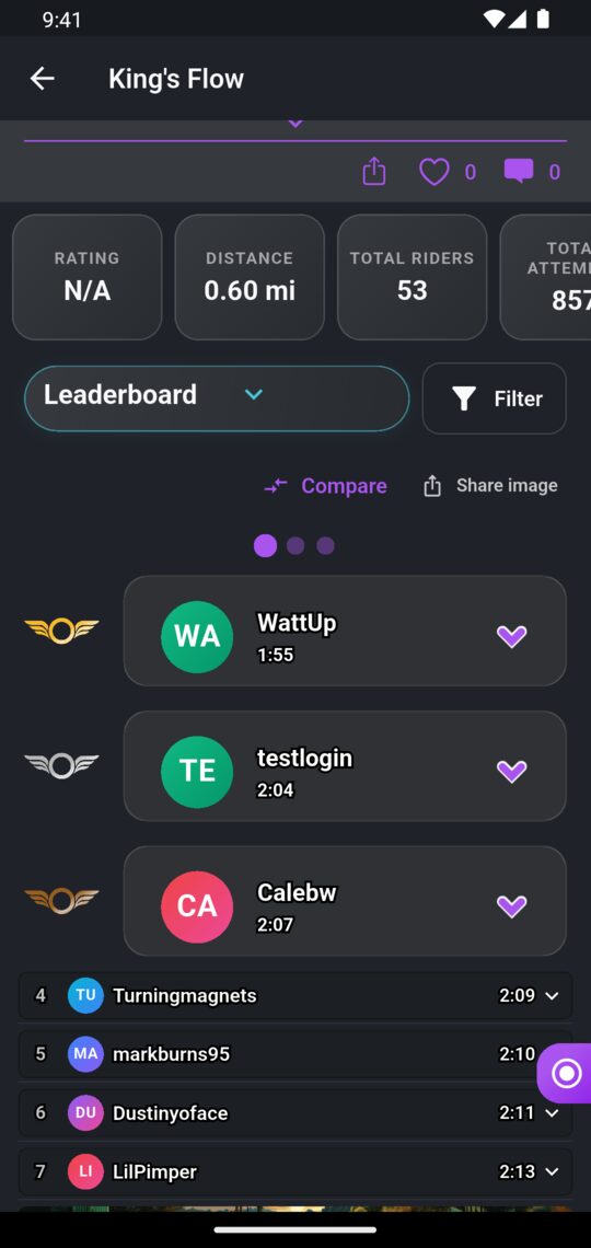 A trail's leaderboard in the app