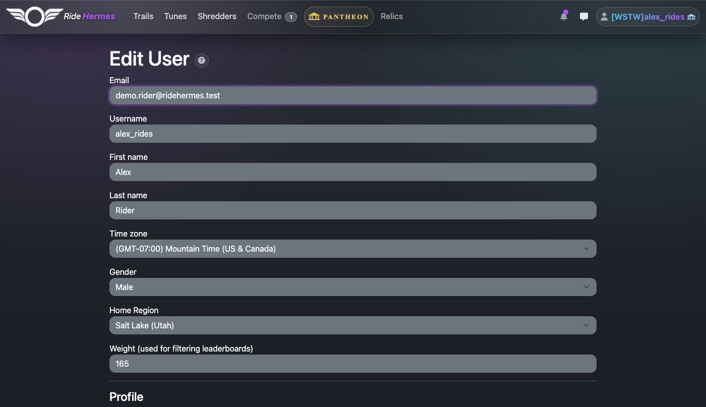 The settings page on the website