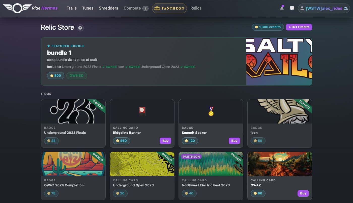 The Relic Store, with your credit balance at the top